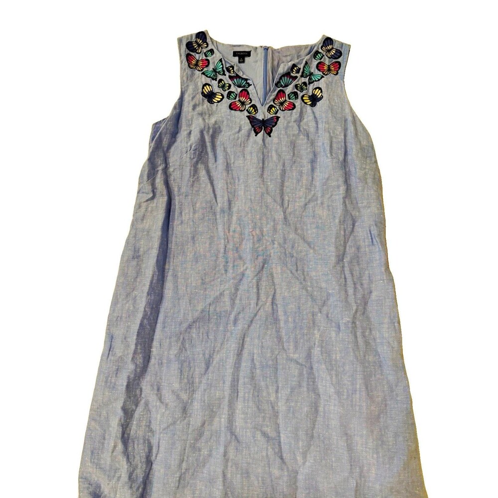 Talbots Blue Sleeveless V-Neck Embroidered Butterfly Shift Short Dress 8